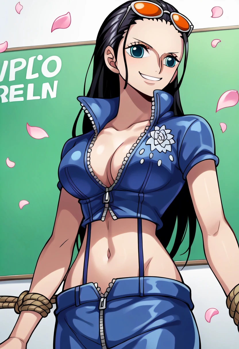 score_9, score_8_superior, score_7_superior, score_9, sauce_anime, Break Nico Robin SDXL, One girl, alone, Long Hair, chest, View your viewers, smile, blue eyes, large chest, Black Hair, belly button, chestの谷間, Mouth closed, Are standing, clavicle, Blue jacket, Short sleeve, Cowboy Shot, abdomen, Shiny, sign, Stomach, Crop top, petal, Wear glasses on your head, zipper, Cropped jacket,  salon, zipper pull tab, Colored glasses, I slicked my hair back., Collared jacket, Partially defrosted, Nico Robin, superiorから,Tied up with rope,