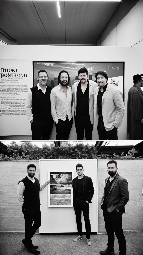 three men standing in front of a wall with posters on it, from left, advertising photo, exhibit, 2 0 2 2 photo, various posed, photo taken with provia, commercial photo, large scale photo, by Daniel Schultz, spooky photo, dlsr photo, album photo, mid shot photo, pic, instagram photo, stunning visual, photo portrait, museum photoshot
