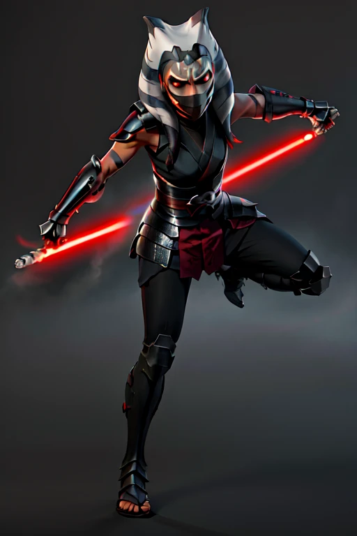 (masterpiece), (best quality)((full body))(masterpiece), (best quality), perfect face ahsoka tano, young, ((ninja mask armor)), , dark ahsoka, sith, red lightsaber, evil face, dark veins , ((ninja mask armor))