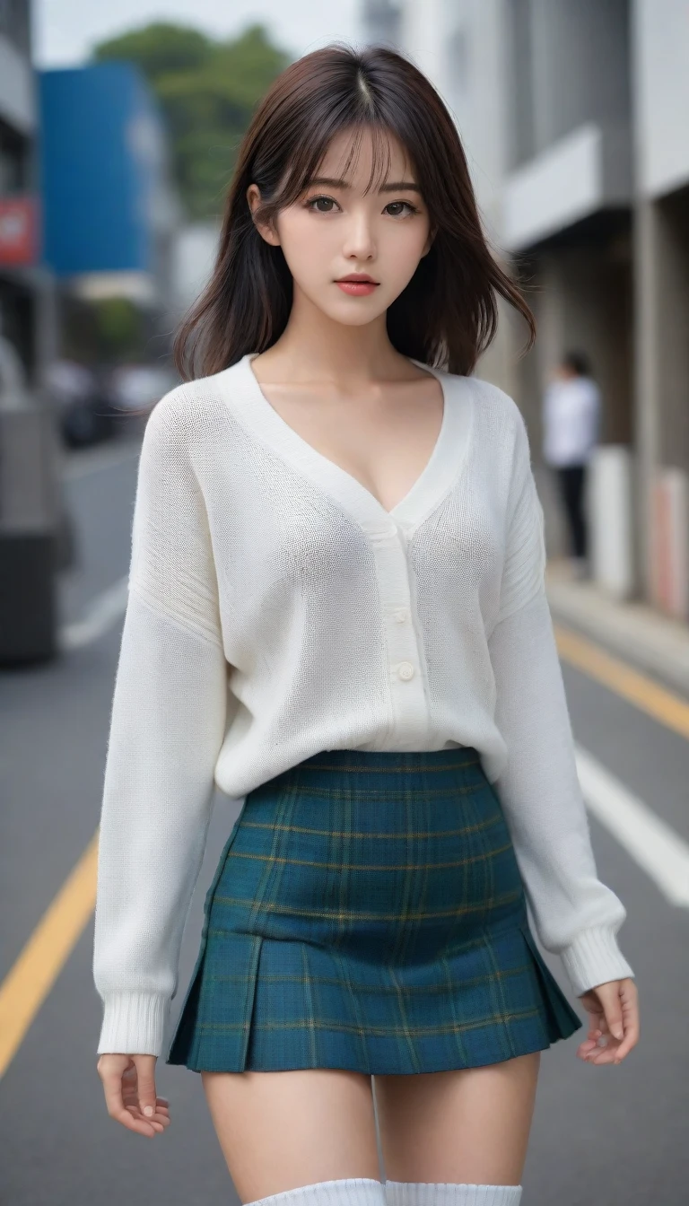 8K, Ultra-high resolution, Highest quality, masterpiece, 三分割法によるphotograph,Surreal, photograph, 1 Girl, (16 years old:1.3), pretty girl, Cute face, Beautiful eyes in every detail, 細かくdetailedに,masterpiece,One Girl:1.2, Japan Female Announcer,whole body,from below,Fearful expression,Black Hair,Messy hair,Cyber city of the near future,Wearing a cardigan sweater on your back、A girl alone in the middle of the road, Tartan check pencil skirt, White knee-high socks and black shoes,Beautiful leg line beauty,Realistic Skin, Perfect and beautiful face ,完璧でCute face, Skin with attention to detail, Perfect limbs、Narrow waist、Thin legs),Looking at the audience、beauty,Long neck、(((Ideal body type))),A cup small breasts :2,Portraiture:2,Perfect Anatomy,鮮明なdetailed,detailed,Surreal,Light and shadow,darkness