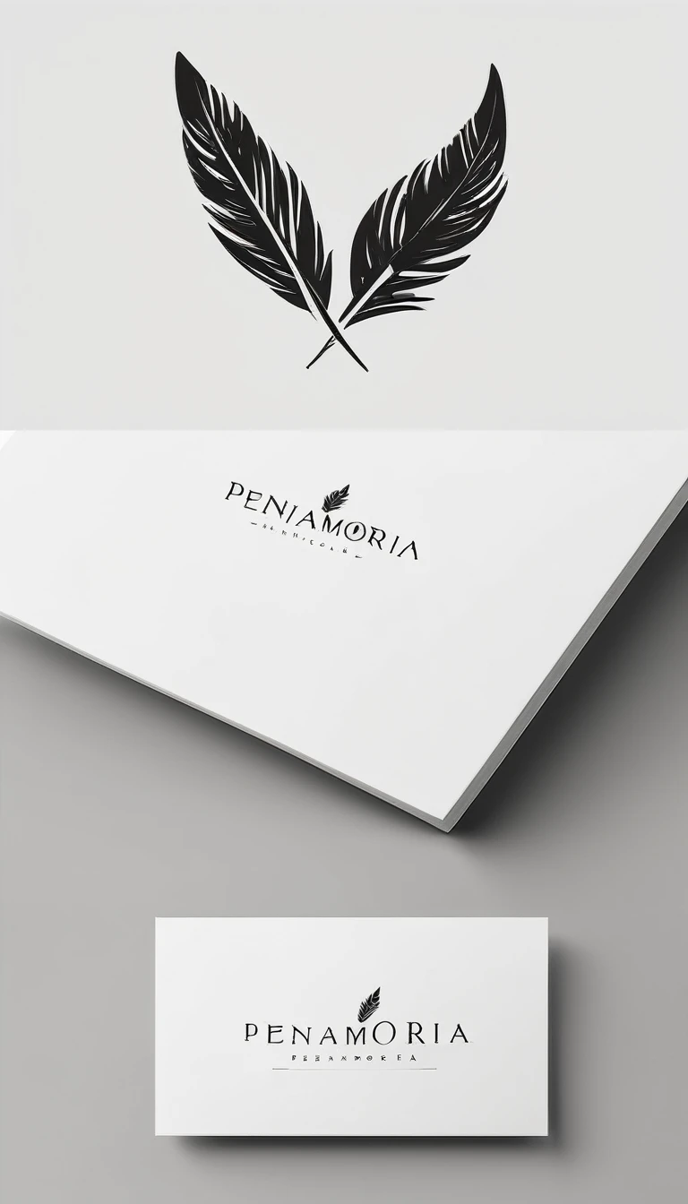 A minimal, modern, simple, cinematic logo design for the brand “Penamemoria". Create a modern, memorable, unique, minimalistic, high-quality,dreamy, fantastic, poetic, masterpiece logo design of a MEMORY FEATHER