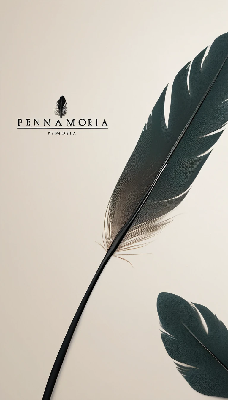 A minimal, modern, simple, cinematic logo design for the brand “Penamemoria". Create a modern, memorable, unique, minimalistic, high-quality,dreamy, fantastic, poetic, masterpiece logo design of a MEMORY FEATHER