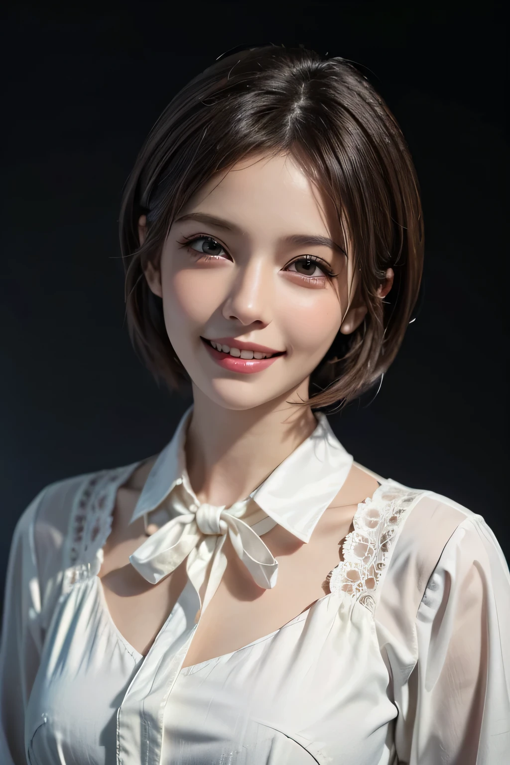 ((masterpiece)), ((Highest quality)), ((Complex)), ((Surreal)), (Realistic), (Mature Woman), ((There are no classes)), Very detailed, (1 female), Beautiful and exquisite, (Beautiful Teeth), Grin, Brunette Bob Hair, Brown eyes, ((blouse)), (Upper Body), (background:none), Perfect Eyes, Captivating eyes, Looking at the audience