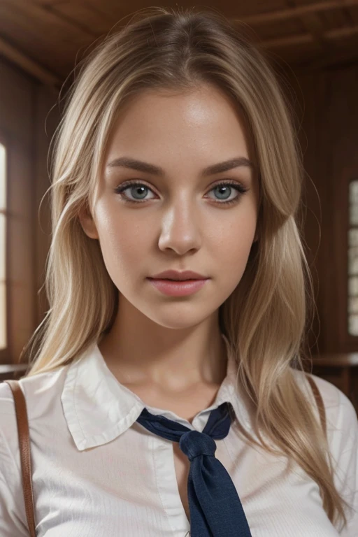 A white blonde girl in a , beautiful detailed eyes, beautiful detailed lips, extremely detailed face and skin, long eyelashes,  body,  school girl uniform, virgin, ethereal, glowing skin, portrait, highly detailed, intricate, photorealistic, 8k, masterpiece,award winning