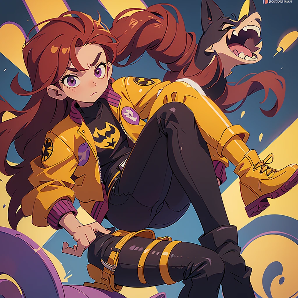 I want you to create an illustration with the Disney animation studio's 2D animation style characteristics. The character is a young female teenager who looks 18 years old. She has long red hair, wears a modern open purple leather jacket and underneath the jacket she wears a black t-shirt with the Batman symbol. She is wearing dark jeans and yellow combat boots on her feet.