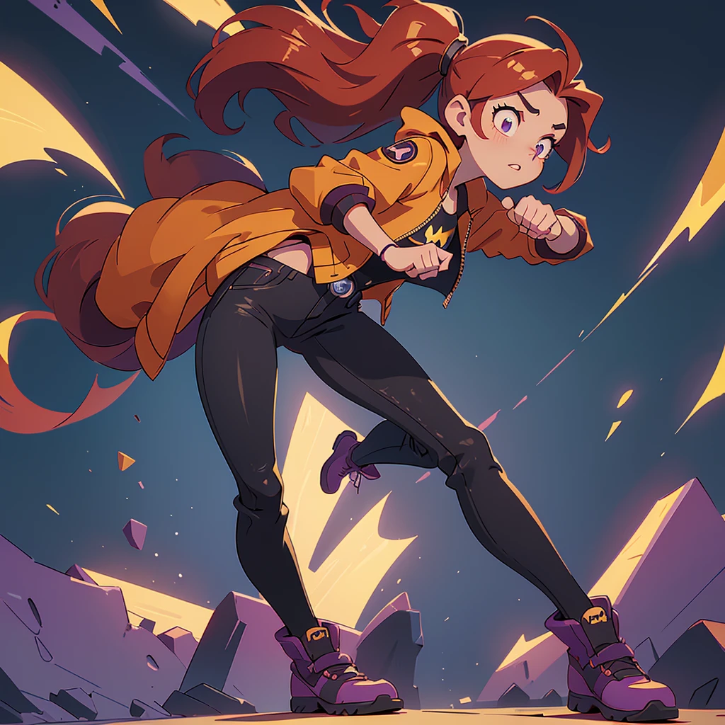 I want you to create an illustration with the Disney animation studio's 2D animation style characteristics.  The character is a young female teenager who looks 18 years old.   She has long red hair, wears a modern open purple leather jacket and underneath the jacket she wears a black t-shirt with the Batman symbol.    She is wearing dark jeans and yellow combat boots on her feet.