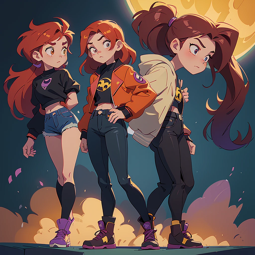 I want you to create an illustration with the Disney animation studio's 2D animation style characteristics. The character is a young female teenager who looks 18 years old. She has long red hair, wears a modern open purple leather jacket and underneath the jacket she wears a black t-shirt with the Batman symbol. She is wearing dark jeans and yellow combat boots on her feet.