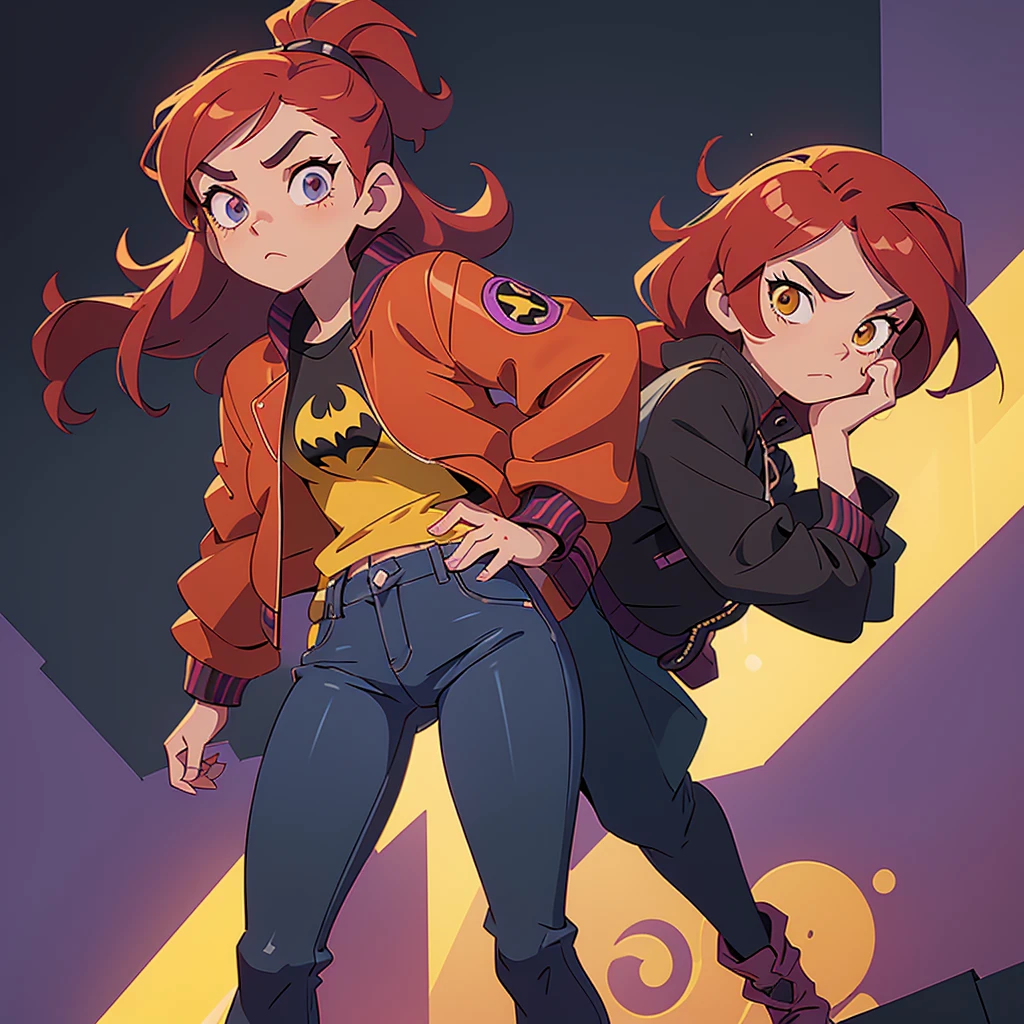 I want you to create an illustration with the Disney animation studio's 2D animation style characteristics.  The character is a young female teenager who looks 18 years old.   She has long red hair, wears a modern open purple leather jacket and underneath the jacket she wears a black t-shirt with the Batman symbol.    She is wearing dark jeans and yellow combat boots on her feet.