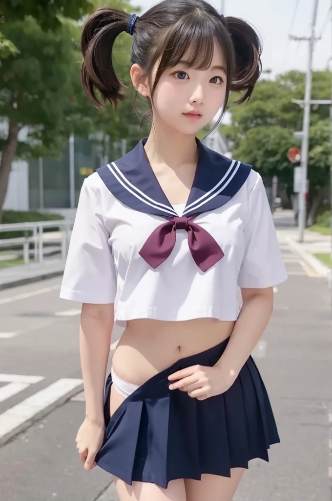 Sailor suit、She is taking off her navy blue skirt、Pulling down her skirt、White panties are visible、Short pigtails、Small breasts