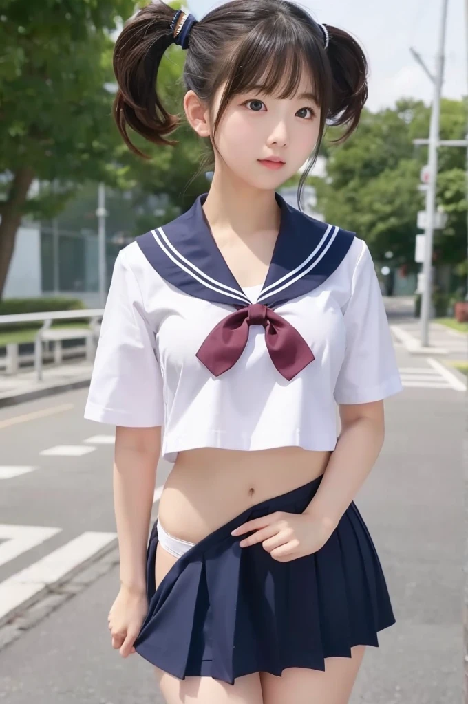Sailor suit、She is taking off her navy blue skirt、Pulling down her skirt、White panties are visible、Short pigtails、Small breasts
