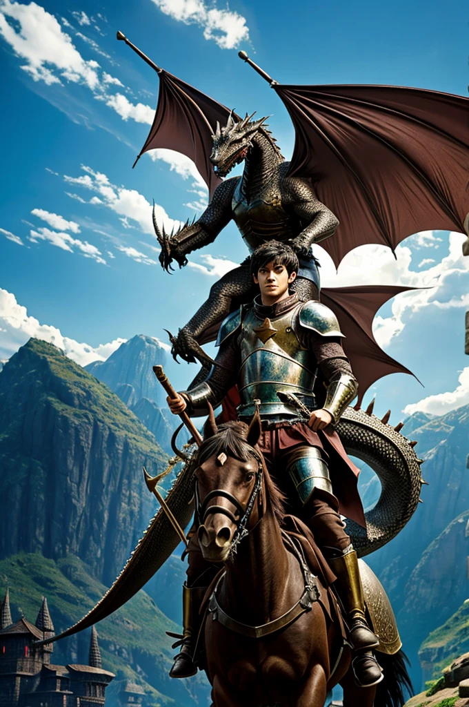 A young man knight rides a dragon in an anime world.