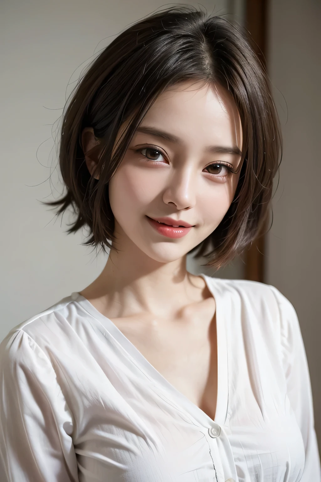 ((masterpiece)), ((Highest quality)), ((Complex)), ((Surreal)), (Realistic), (Mature Woman), ((There are no classes)), Very detailed, (1 female), Beautiful and exquisite, (Beautiful Teeth), Grin, Brunette Bob Hair, Brown eyes, ((blouse)), (Upper Body), (background:none), Perfect Eyes, Captivating eyes, Looking at the audience