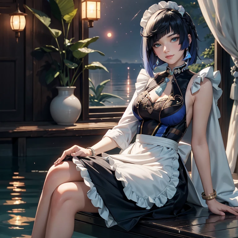 Yelan_(genshin impact), 1girl, white roses, ornament hair, roses on her hair, maid, maid dress, maid headdress, maid apron, navy hair, short hair, seat on a water, lake scene, Chinese maid dress, gold lantern, navy dress, more details on her clothes, golden details, night, smiling, coat, chinese style, solo, alone, crystal, curtains, full moon on the sky, laces, frills, sparkles, fireflies, sitting on the water