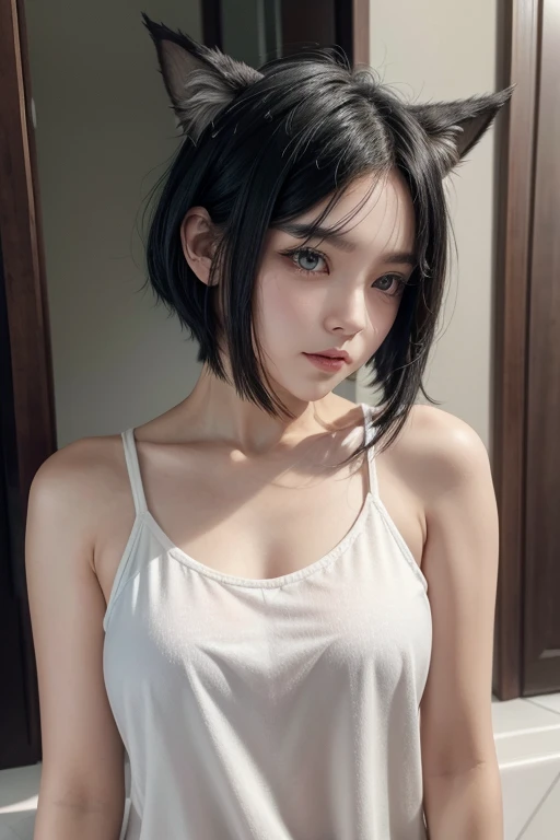  white, short shoulder length black hair, it has come out, with wolf ears and tail 