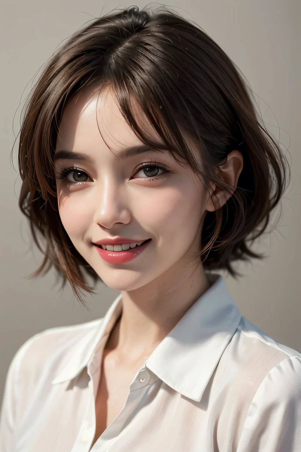 ((masterpiece)), ((Highest quality)), ((Complex)), ((Surreal)), (Realistic), (Mature Woman), ((There are no classes)), Very detailed, (1 female), Beautiful and exquisite, (Beautiful Teeth), Grin, Brunette Bob Hair, Brown eyes, ((blouse)), (Upper Body), (background:none), Perfect Eyes, Captivating eyes, Looking at the audience