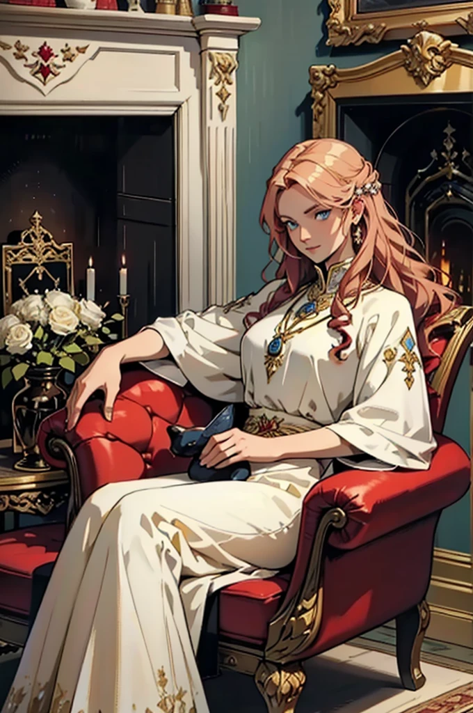 30 year old woman, with defined facial features, long curly hair, pale gold color,blue eyes, wearing a red wine-colored medieval nobility dress,sitting on a leather sofa, holding a bird with one hand,oil painting, framed picture, Wooden frame, above a fireplace, vases with white flowers