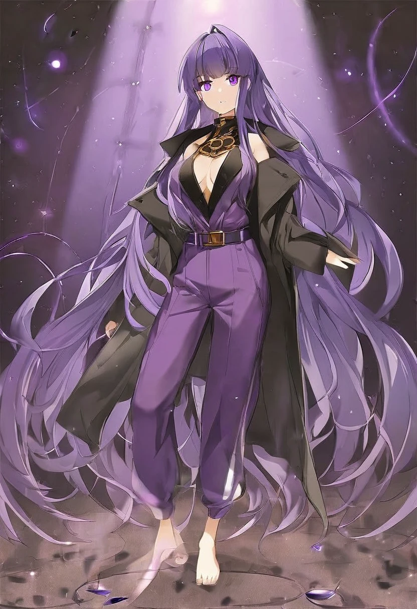 Athena，Extra long purple hair，Purple Eyes，Appearance is that of an adult female，Purple jumpsuit，Black trench coat，There are small purple and gold decorations，The long jumpsuit is very sexy，barefoot，A black hole in the background universe，Purple black hole