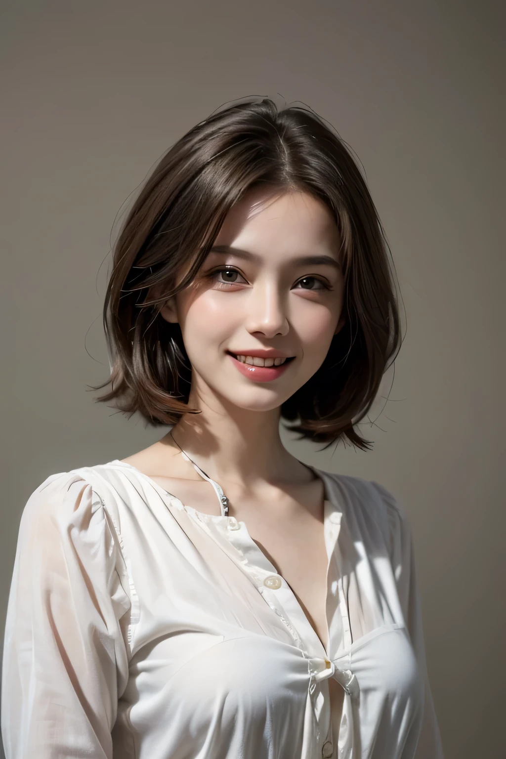 ((masterpiece)), ((Highest quality)), ((Complex)), ((Surreal)), (Realistic), (Mature Woman), ((There are no classes)), Very detailed, (1 female), Beautiful and exquisite, (Beautiful Teeth), Grin, Brunette Bob Hair, Brown eyes, ((blouse)), (Upper Body), (background:none), Perfect Eyes, Captivating eyes, Looking at the audience