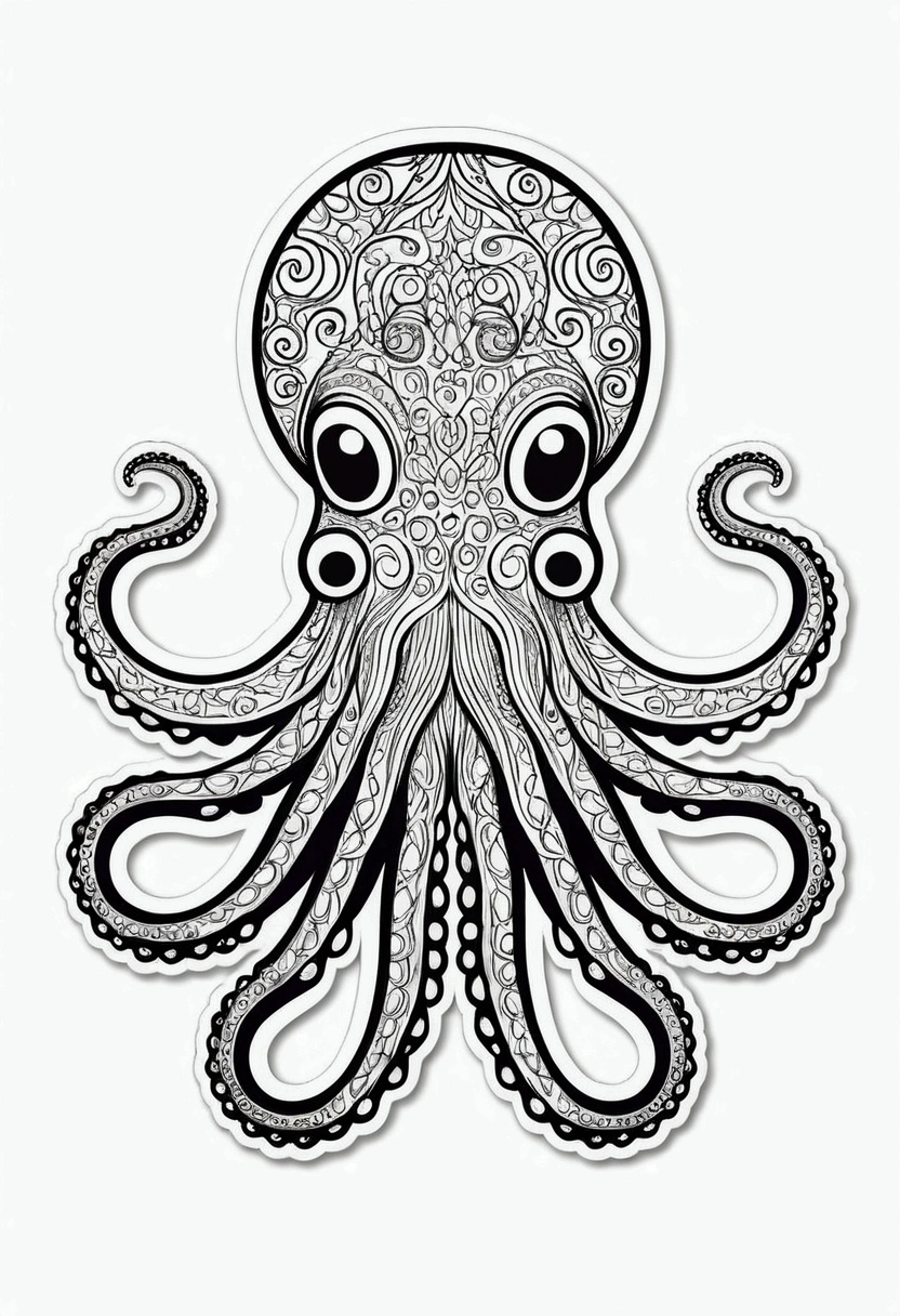 sticker, happy white and black Octopus, Simplified Mandala style, outline, vector, white background
