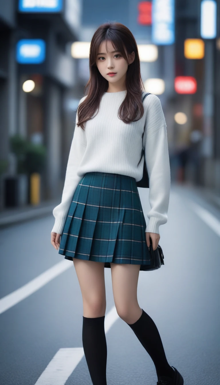 8K, Ultra-high resolution, Highest quality, masterpiece, 三分割法によるphotograph,Surreal, photograph, 1 Girl, (:1.3), pretty girl, Cute face, Beautiful eyes in every detail, 細かくdetailedに,masterpiece,One Girl:1.2, Japan Female Announcer,whole body,from below,Fearful expression,Black Hair,Messy hair,Cyber city of the near future,Wearing a cardigan sweater on your back、A girl alone in the middle of the road, Tartan check pencil skirt, White knee-high socks and black shoes,Beautiful leg line beauty,Realistic Skin, Perfect and beautiful face ,完璧でCute face, Skin with attention to detail, Perfect limbs、Narrow waist、Thin legs),Looking at the audience、beauty,Long neck、(((Ideal body type))),A cup small breasts :2,Portraiture:2,Perfect Anatomy,鮮明なdetailed,detailed,Surreal,Light and shadow,darkness
