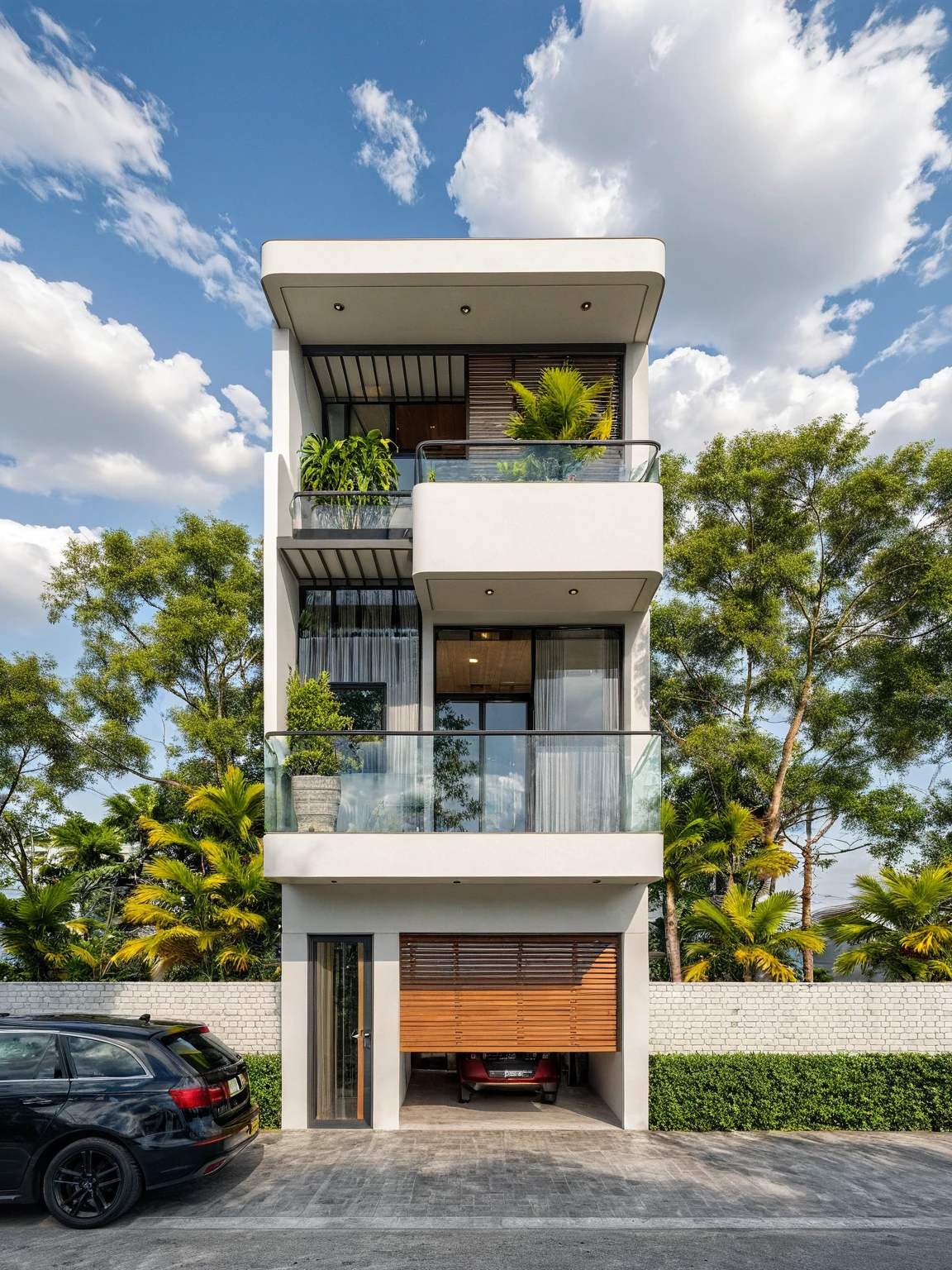Masterpiece, high quality, best quality, authentic, super detail, outdoors, onestoreyvillaXL, aiaigroup, house style modern on the street ,stairs, white wall ,road,pavement, grass, trees, sky, cloud, (daylight:1.1),((pool front of villa))