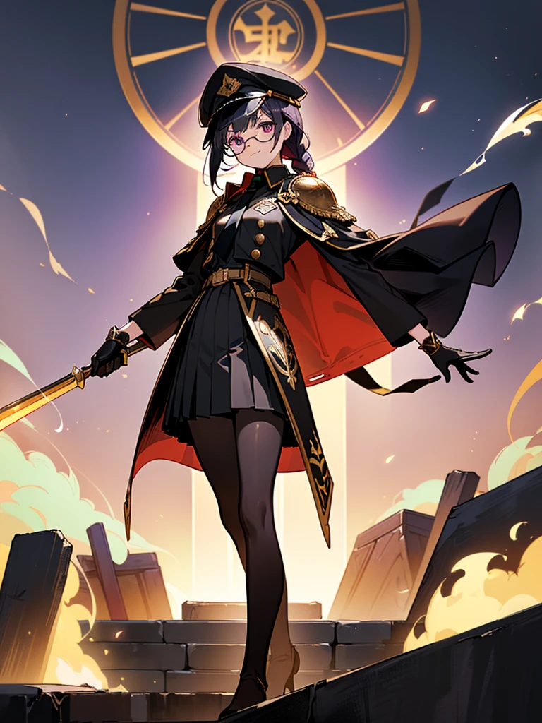 realisitic, City Deserted, Pile of rubble, Brick building, a one woman (18 years old, far away blackw hair, far away slits, Eyes red, glare eyes, 精致的面容, standing (In floor, feet shoulder-width apart), Lolita style military uniform (blackw base, Red Insert, golden decoration, volantes, wide sleeves, dainty and delicate detailing armors), blackw far away gloves (blackw, Red Insert, golden decoration, small hands, armors), blackw far away gloves, knee high boots (blackw, high-heels, red soles), ha (blackw, aba dourada, shield emblem, delicate details), arms in front, Front of belly, Holding military swords with both hands (blackw, golden decoration, delicate detail, Handle at the top, Ground-facing blade, in front of the body, far away), night sky (blackw, stele, Increased flames and smoke) Pale painting style, One Girl, super high quality, Super Detail, Super Detailed image, long hair, looking at viewer, skirt, shirt, hair ornament, violet eyes, gloves, round glasses, long sleeves, hat, closed mouth, jacket, violet hair, braid, open clothes, necktie, black gloves, black skirt, uniform, single braid, open jacket, black jacket, black headwear, 手链, peaked cap, black necktie, cropped jacket, military hat, pantyhose, Flat Chest, smile, Black Cape