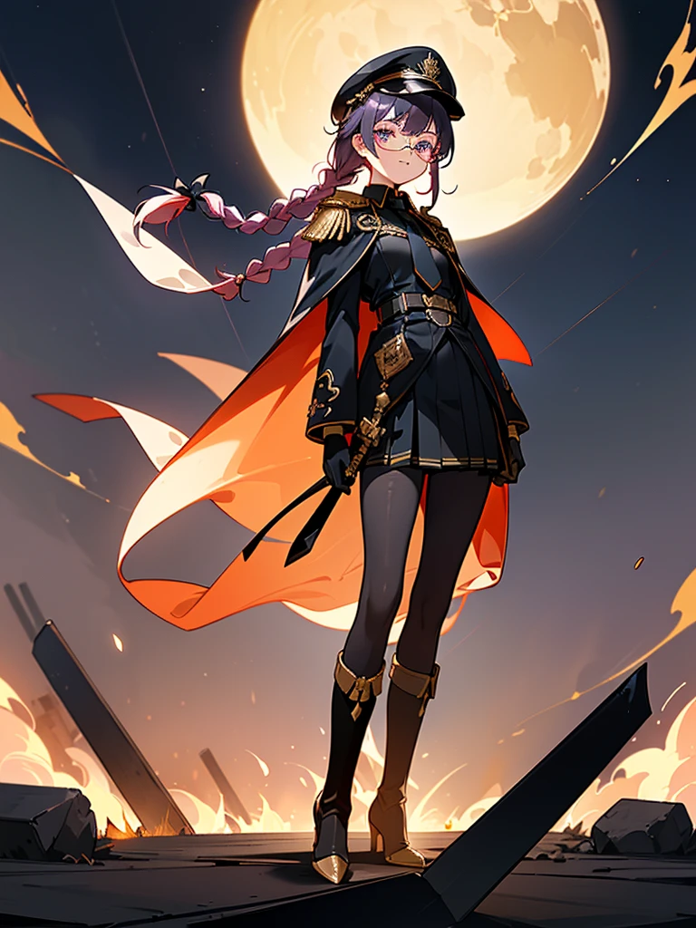 realisitic, City Deserted, Pile of rubble, Brick building, a one woman (18 years old, far away blackw hair, far away slits, Eyes red, glare eyes, 精致的面容, standing (In floor, feet shoulder-width apart), Lolita style military uniform (blackw base, Red Insert, golden decoration, volantes, wide sleeves, dainty and delicate detailing armors), blackw far away gloves (blackw, Red Insert, golden decoration, small hands, armors), blackw far away gloves, knee high boots (blackw, high-heels, red soles), ha (blackw, aba dourada, shield emblem, delicate details), arms in front, Front of belly, Holding military swords with both hands (blackw, golden decoration, delicate detail, Handle at the top, Ground-facing blade, in front of the body, far away), night sky (blackw, stele, Increased flames and smoke) Pale painting style, One Girl, super high quality, Super Detail, Super Detailed image, long hair, looking at viewer, skirt, shirt, hair ornament, violet eyes, gloves, round glasses, long sleeves, hat, closed mouth, jacket, violet hair, braid, open clothes, necktie, black gloves, black skirt, uniform, single braid, open jacket, black jacket, black headwear, 手链, peaked cap, black necktie, cropped jacket, military hat, pantyhose, Flat Chest, smile, Black Cape