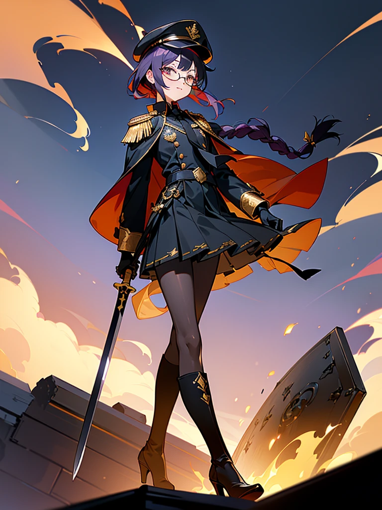 realisitic, City Deserted, Pile of rubble, Brick building, a one woman (18 years old, far away blackw hair, far away slits, Eyes red, glare eyes, 精致的面容, standing (In floor, feet shoulder-width apart), Lolita style military uniform (blackw base, Red Insert, golden decoration, volantes, wide sleeves, dainty and delicate detailing armors), blackw far away gloves (blackw, Red Insert, golden decoration, small hands, armors), blackw far away gloves, knee high boots (blackw, high-heels, red soles), ha (blackw, aba dourada, shield emblem, delicate details), arms in front, Front of belly, Holding military swords with both hands (blackw, golden decoration, delicate detail, Handle at the top, Ground-facing blade, in front of the body, far away), night sky (blackw, stele, Increased flames and smoke) Pale painting style, One Girl, super high quality, Super Detail, Super Detailed image, long hair, looking at viewer, skirt, shirt, hair ornament, violet eyes, gloves, round glasses, long sleeves, hat, closed mouth, jacket, violet hair, braid, open clothes, necktie, black gloves, black skirt, uniform, single braid, open jacket, black jacket, black headwear, 手链, peaked cap, black necktie, cropped jacket, military hat, pantyhose, Flat Chest, smile, Black Cape