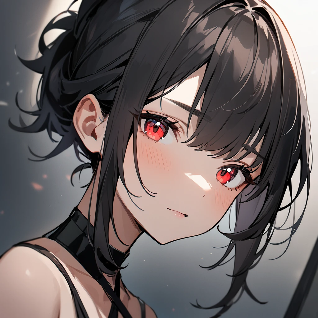 1 girl,Solo,portrait,black hair,red eyes,bare,Criss Cross,masterpiece,best quality,very aesthetic,absurdres