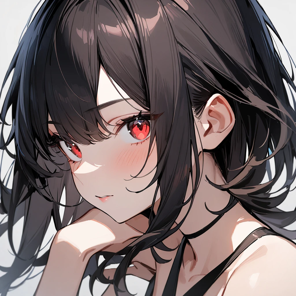 1 girl,Solo,portrait,black hair,red eyes,bare,Criss Cross,masterpiece,best quality,very aesthetic,absurdres