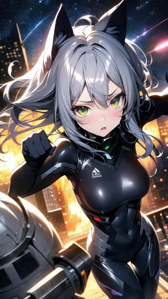 A silver-haired beautiful girl with cat ears eyes are green hair is silver and long clothes: a form-fitting black combat suit The fist is an afterimage The background is a city at night her is in a cat-like fighting pose The year is 14 years monitor, Dark Night, Sweat, Steam of Exhalation, Space, Battle, Dynamic Angle one girl