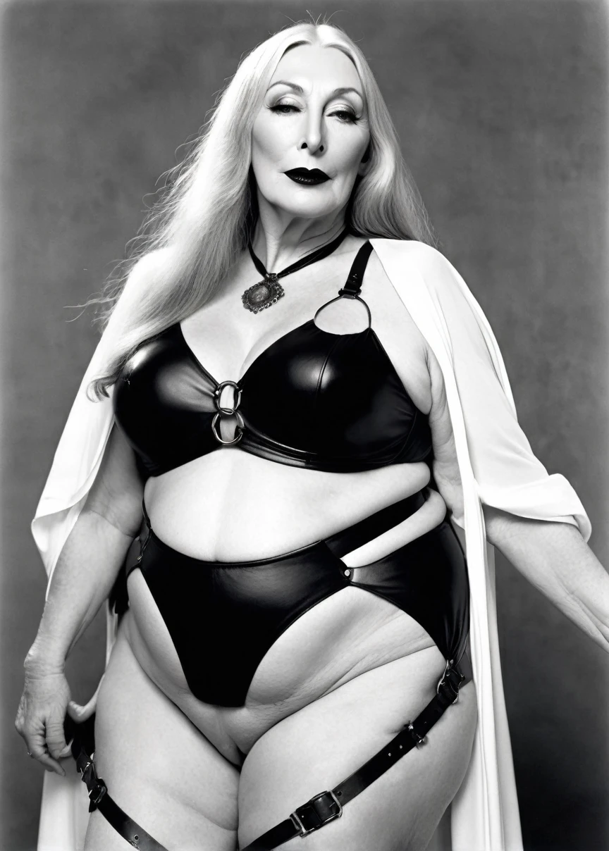 profile side image. obese elderly woman 70 years old actress anjelica huston. COMPLETELY WHITE LONG HAIR. completely gothic pale. gothic black lipstick. LEATHER HARNESS ARMS. completely naked torso, LARGE HUGE BIG BREASTS NAKED EXPOSED. COMPLETELY NAKED elderly woman 70 YEARS BODY.
Tétons 