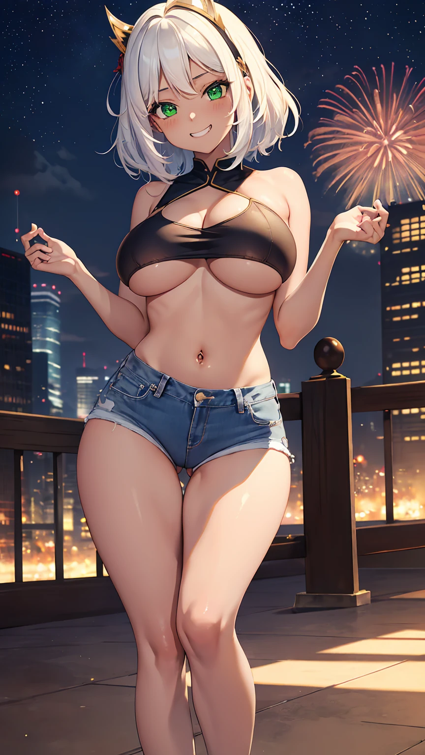 1girl, anime girl, anime, (dark skin), 2d girl, y, (fullbody), standing, anime girl, green eyes, heart-shaped eyes, seductive grin, (hime cut hair, white hair), ((Chest Sarashi)), Solo, Slim, large breasts, big , big Breasts, sfw, Tight Shorts, low waist shorts, upshorts, The night city background, fireworks, city lights, stars in the sky, looking at viewer, darker shadows, (((explicit))), (((shorts))), (((absurdres))), (((thigh gap))), cameltoe, (((cameltoe))), (((cleft of venus))), (((lowleg shorts))),