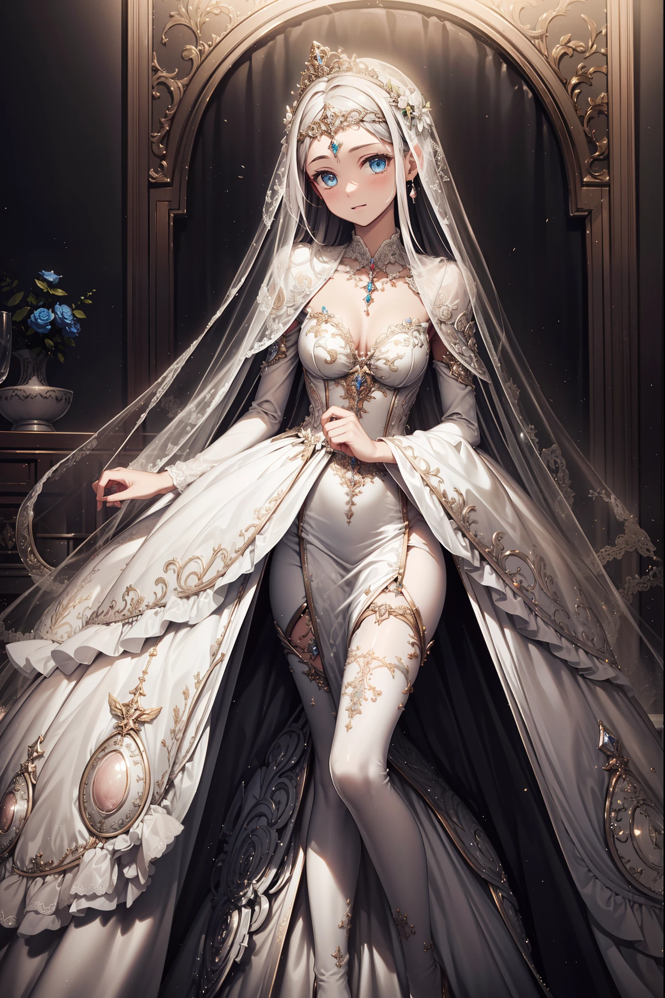 (best quality,4K,8K,high resolution,masterpiece:1.2),Extremely detailed,beautiful girl,Queen,magic,enchanting,joy,Holy,magical effect,Silver hair,Blue eyes,Pale pink wedding dress,bridal crown,A small amount of sky blue cloth,Exquisite clothing,Layered Skirt,detailed lace,Delicate ruffles,bedroom,Alone,at night,Lace pantyhose,Sacred stripes,Transparent clothing,Jewelry embellishments