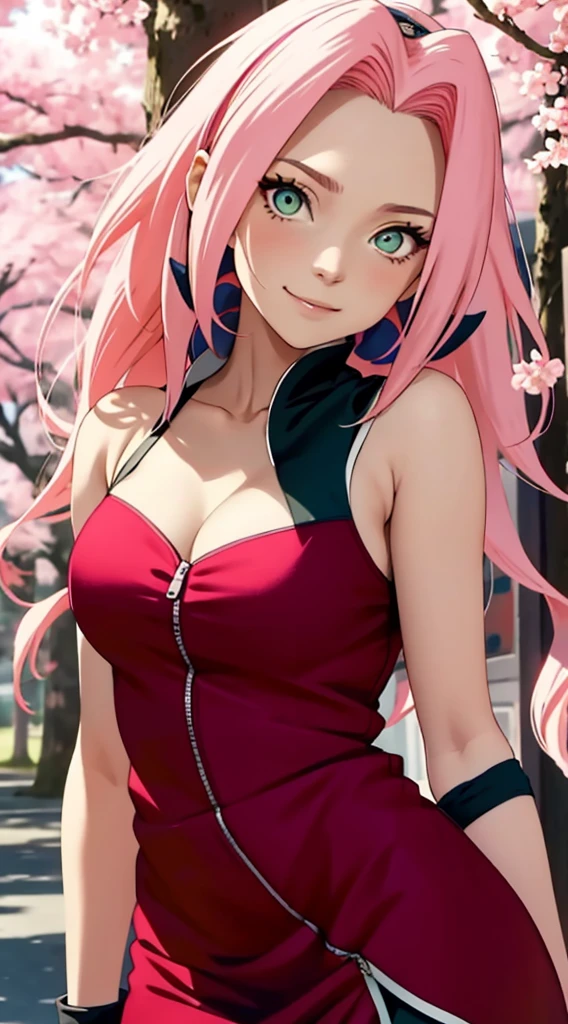 tmasterpiece, Best quality at best, 1girll, Sakura Haruno, Large breasts,Off-the-shoulder attire,(cleavage),(upperbody closeup),Raised sexy,is shy,ssmile,with pink hair, long whitr hair, (Green eyeballs:1.4), Forehead protection, the cherry trees,Cherry blossoms flying,Red clothes,Zipper half