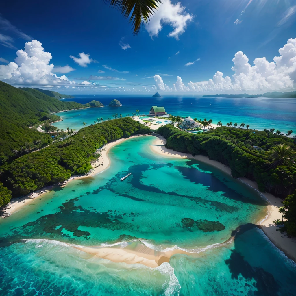 Mysterious Ocean,Nature,Emerald green,Resort,Paradise,Palm tree,romantic,Dream world,Great view,A world beyond imagination,Great Heaven,Best Quality,8K,masterpiece,Floating on the sea,The highest view