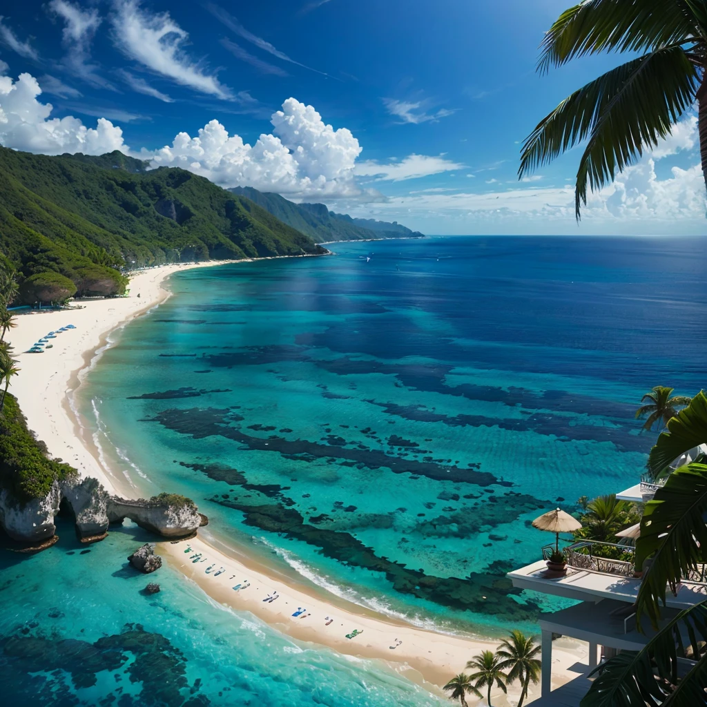 Mysterious Ocean，Nature，Emerald green，Resort，Paradise，Palm tree，romantic，Dream world，Great view，A world beyond imagination，Great Heaven，Best Quality，8K，masterpiece，Floating on the sea，The highest view