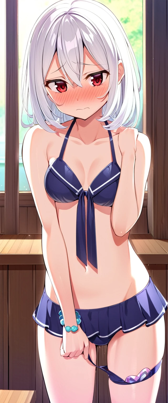 one girl, cute bikini, cute, naive, 18 years old, beauty, shy, idol, white hair, red eyes, fascinating, embarrassed, hypnosis, slender, indoor, anime style
