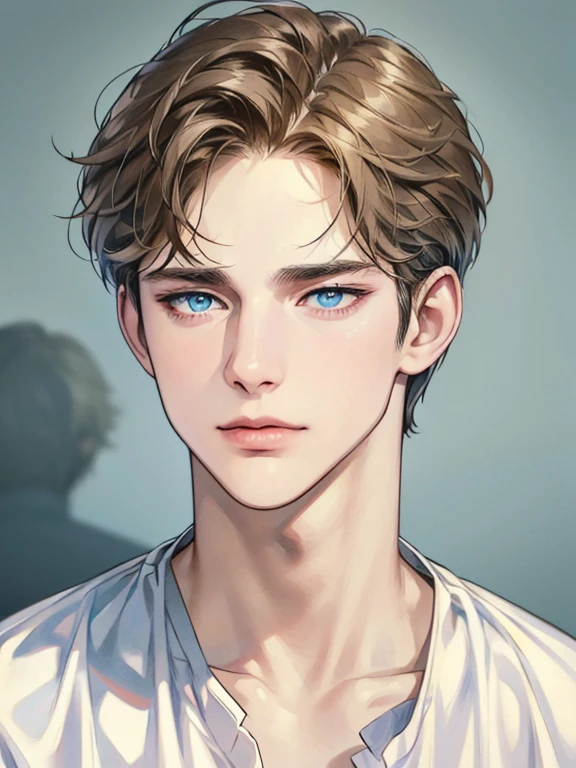 masterpiece, best quality, 1male, brunette hair, blue eyes, 32 years, glasses, white shirt, mugshot, wall background, detailed eyes, detailed facial features, realistic and high resolution (best quality, 4k, 8k, highres, masterpiece:1.2)