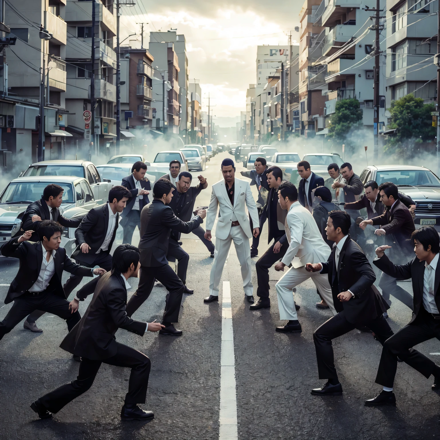 2 groups of yakuza fighting, realistic, cinematic, very detailed, very epic, very detailed, 4k