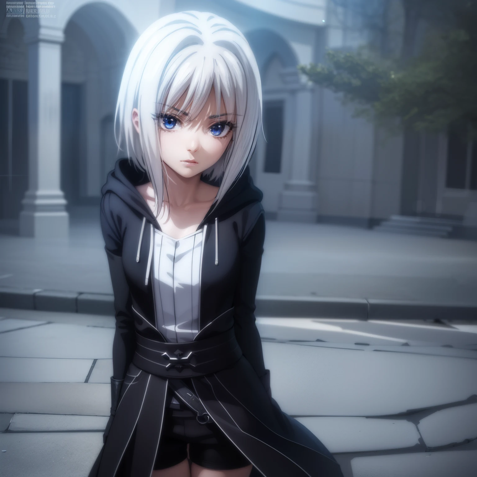 1 girl, character with cat ears, silver hair, short hair, beautiful detailed eyes, beautiful detailed lips, extremely detailed eyes and face, long eyelashes, wearing black hooded outfit, thigh-high stockings, garters, short shorts, (best quality,4k,8k,highres,masterpiece:1.2),ultra-detailed,(realistic,photorealistic,photo-realistic:1.37),concept art, fantasy, cinematic lighting, dramatic shadows You decided to wear a hoodie and covered your body, hiding yourself Rey 