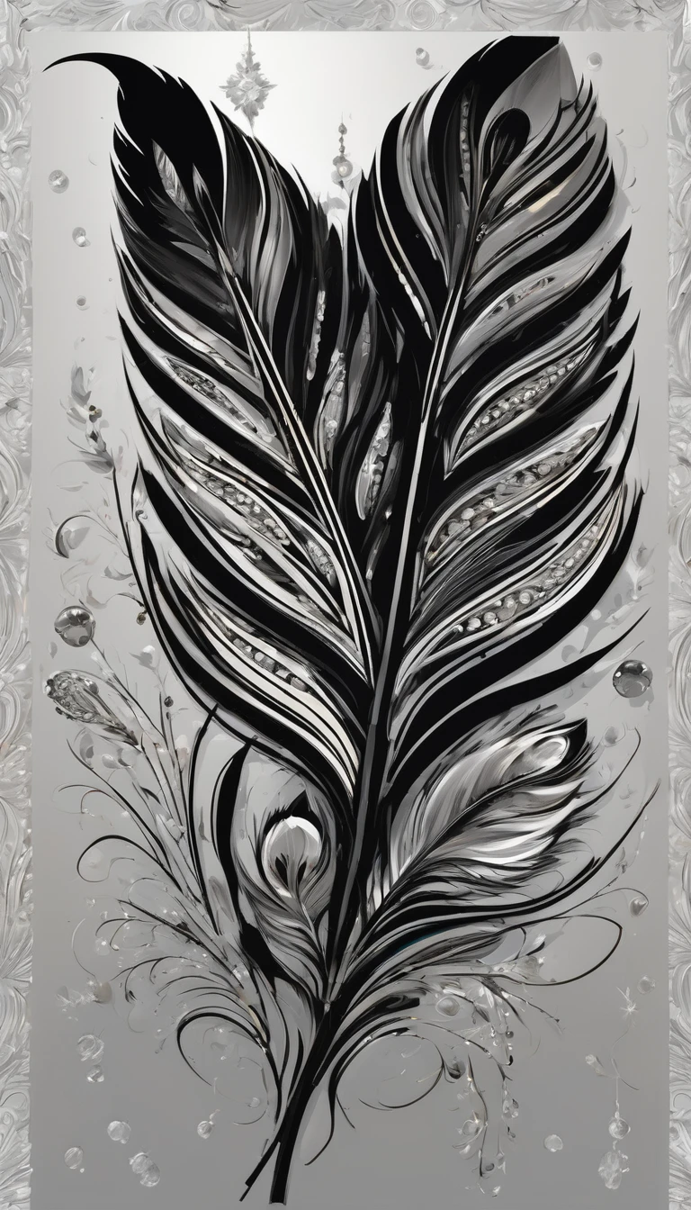 Feather-shaped,Flat style, abstract artistic,Graphic design. Renaissance, Oil painting, 2D canvas, highly detailed, Classic paint, Black monochrome, crystals, opulent, lap, gothic ornament, Graphic design