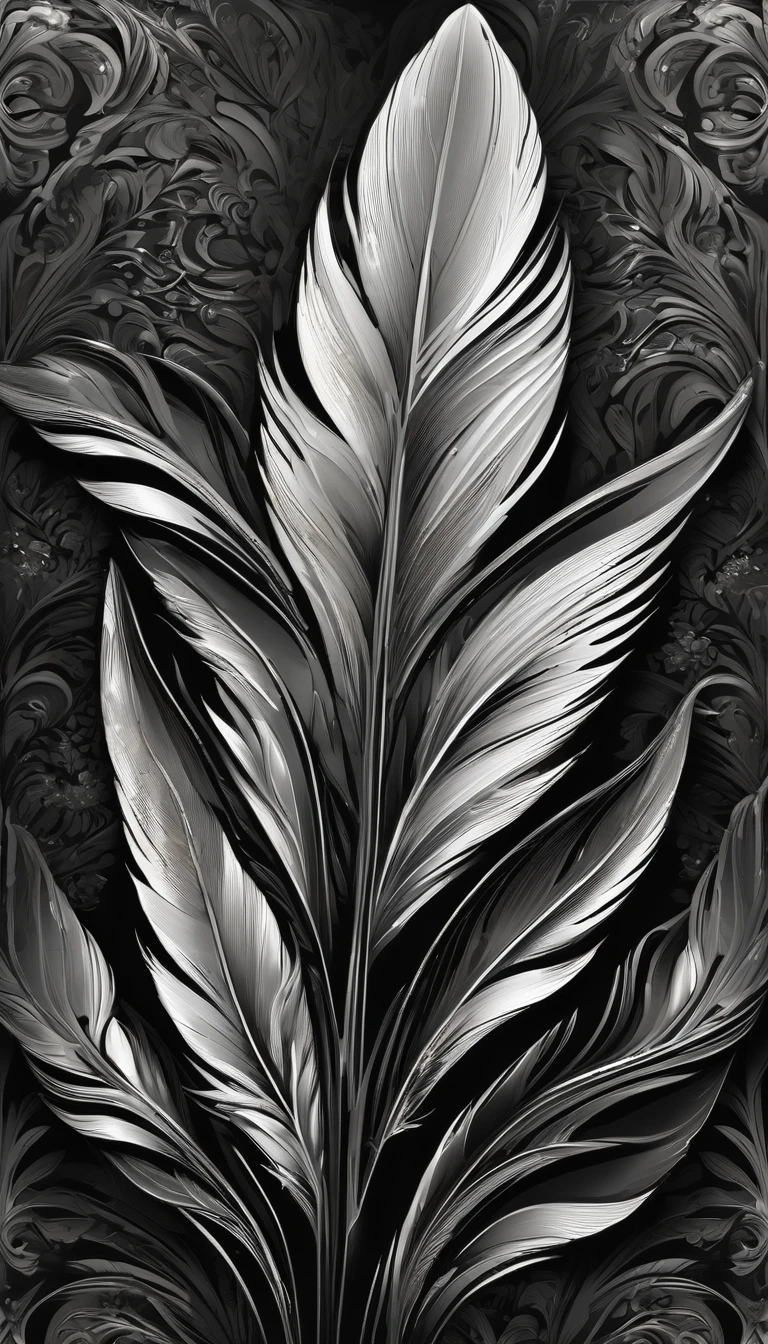 Feather-shaped，Flat style， abstract artistic，Graphic design. Renaissance, Oil painting, 2D canvas, highly detailed, Classic paint, Black monochrome, crystals, opulent, lap, gothic ornament, Graphic design