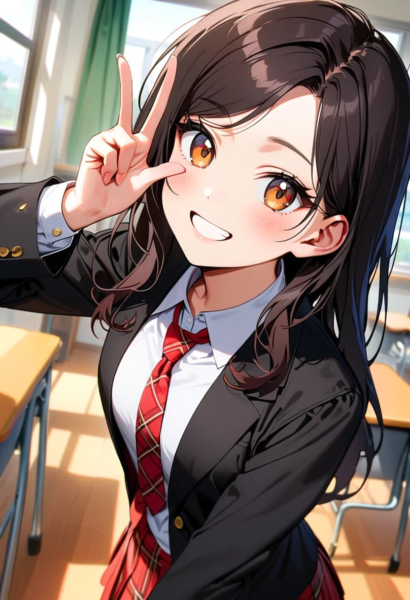 A young woman, 17-years-old, solo, Korean, (loose wavy black hair, no bangs:1.1), brown eyes, black blazer, white blouse, red plaid necktie, red pleated skirt, black pantyhose, playful smile, cheerful, classroom, holding up a v-sign