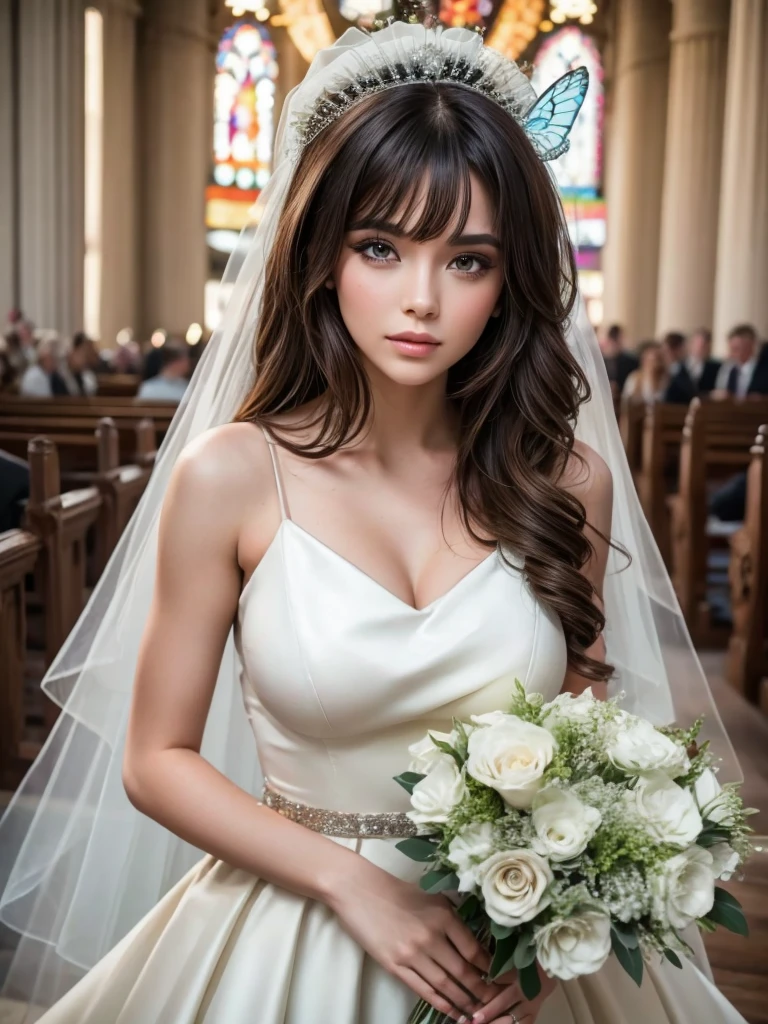 Big hair but with bangs that cover the forehead, white, with wedding dress and a bouquet, beautiful makeup, and with some butterfly tattoos on his body Unique place in the church
