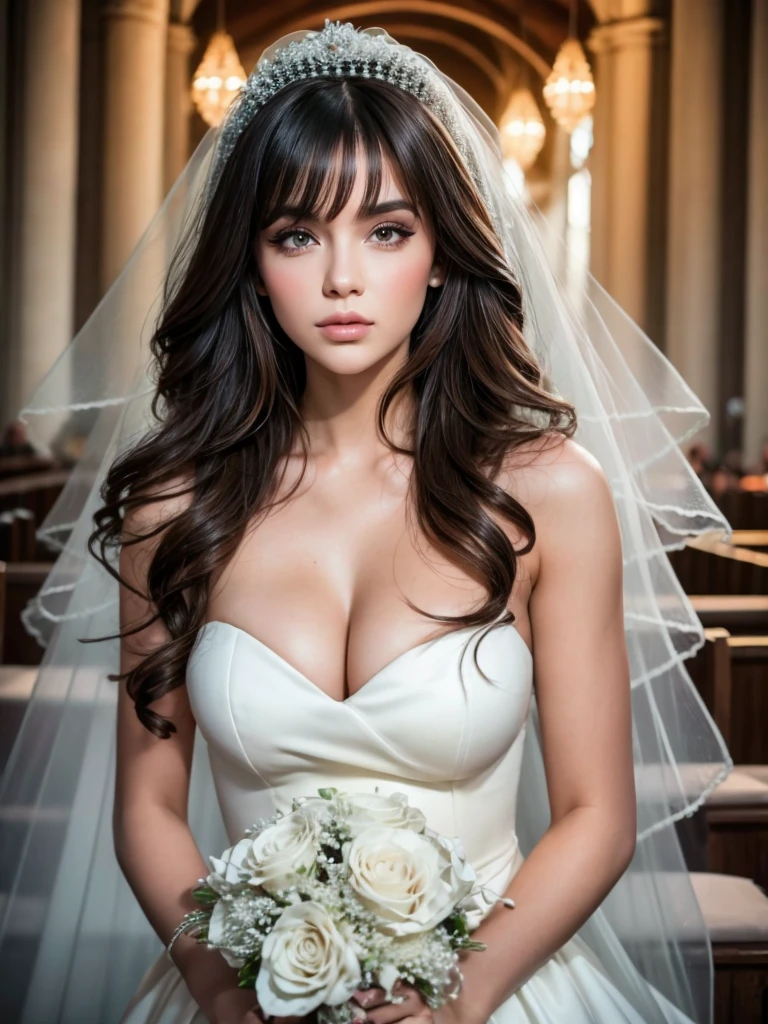Big hair but with bangs that cover the forehead, white, with wedding dress and a bouquet, beautiful makeup, and with some butterfly tattoos on his body Unique place in the church