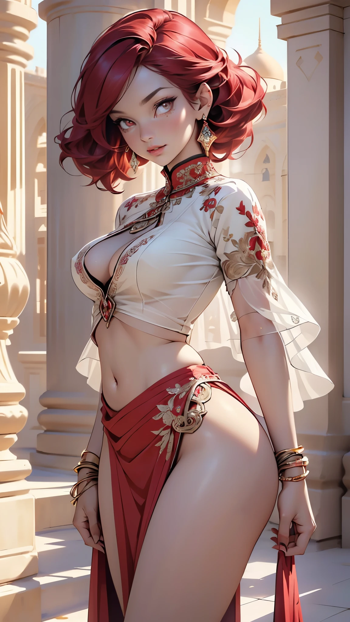 ((((indian girl)))),
girl,((red_body:1.3, red_face:1.3, completely red_skin:1.3)),(large breasts:1.4),saggy breasts,((((red hair)))),(((red_eyes:1.3))),intricate eyes,beautiful detailed eyes,symmetrical eyes,(((lustrous skin:1.5,bright skin: 1.5,shiny skin,very shiny skin,shiny body))),(spider lower abdomen,narrow waist,wide hip,bimbo body,inflated legs,thick thighs),(((detailed face))),
(cute,slutty,sensual,seductive look,seductive,((erotic)),opulent,sumptuous,longingly,(nsfw)),
(arabian clothes, harem outfit, arabian dancing girl, belly dancer outfit, sex slave, jewelry, sheer loincloth, pelvic curtain, midriff, bracelets,),(arabian jewelry,intricate necklace),(((intricate outfit,intricate clothes))),(((intricate outfit,intricate clothes,embroidered outfit,ornate outfit))),
(dynamic pose:1.0),embarrassed,(centered,scale to fit dimensions,Rule of thirds),
indoors,(huge columns of an Arab palace,arab palace,arab palace background),scenery,extremely scenery,arab style,
(Glossy arab ornaments),highres,sharp focus,(ultra detailed,extremely detailed),(photorealistic artwork:1.37),(extremely detailed CG unity 8k wallpaper),(((vibrant colors,vibrant theme))),(intricate),(masterpiece),(best quality),artistic photography,(photography taken by sldr),(intricate background),perfect rendered face,perfect face details,realistic face,photo realistic,((intricate detail)),(((realism))),