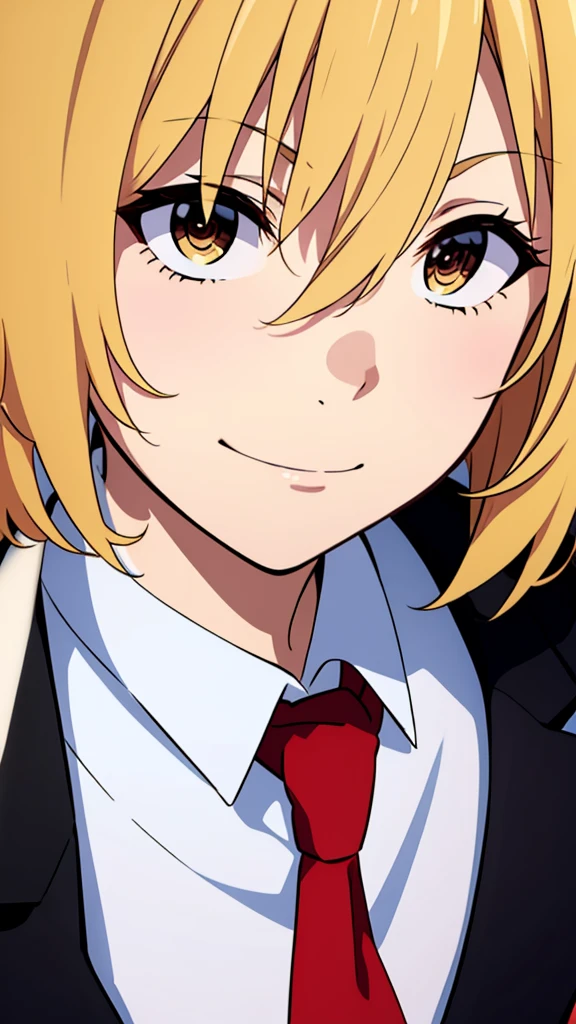1boy,18s,short hair,blonde hair,smile,solo,(no background, simple background),red necktie,black jacket, blazer,long sleeves,pants,upper body,walking,@_@