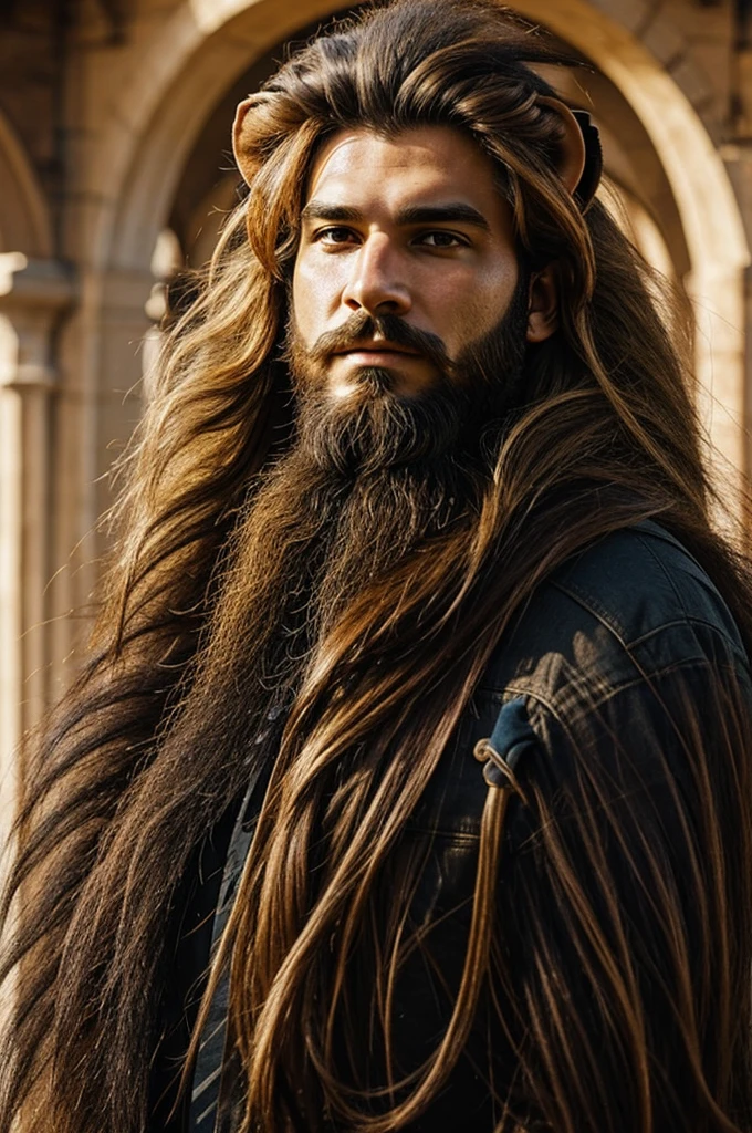 Lion with long hair and beard realistic theme 