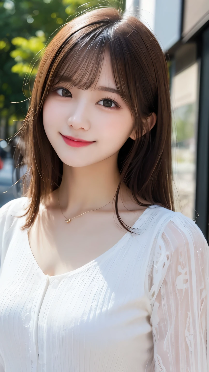 masterpiece, best quality, illustration, ultra-detailed, finely detailed, high resolution, 8K wallpaper, perfect dynamic composition, beautiful detailed eyes, summer blouse setup clothes, medium hair, small breasts, natural color lips, bold sexy poses, smile, Harajuku, 18 years old girl, cute, sexy shot, looking at camera